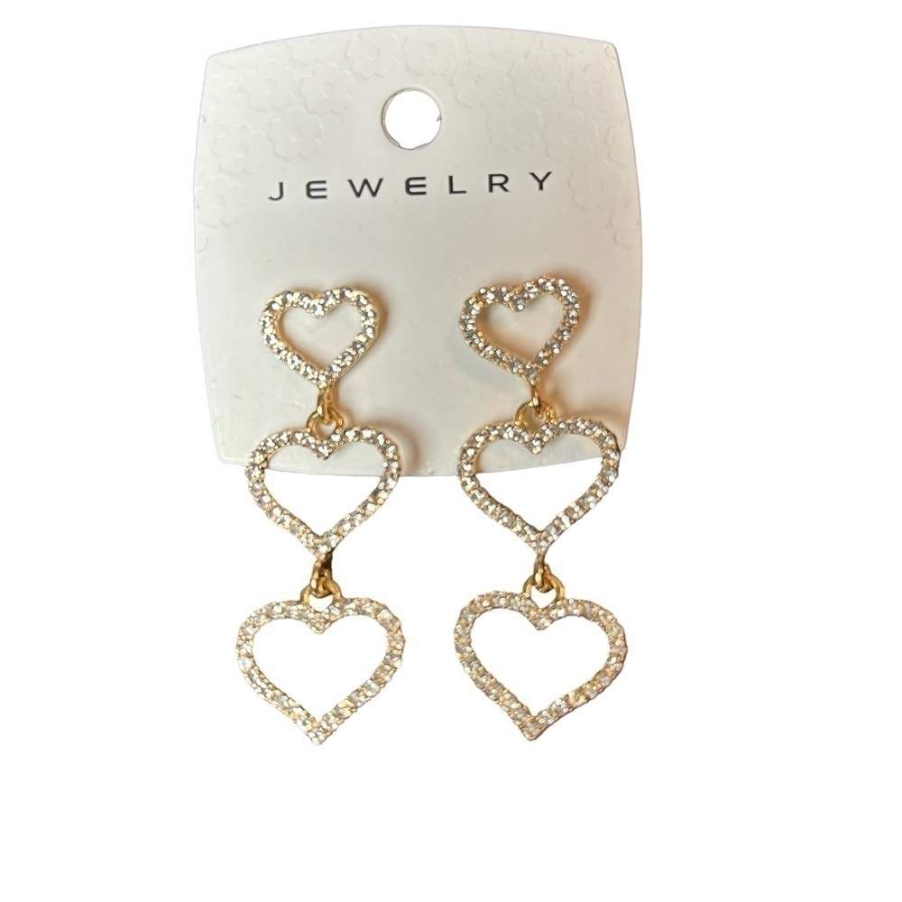 Heart Trio Rhinestone Goldtone Pierced Post Drop Earrings - Picture 6 of 8